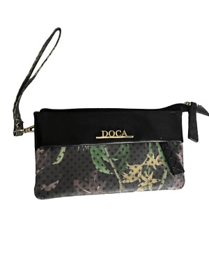 Doca black floral wristlet with black quilted leather - dual pocket logo interio