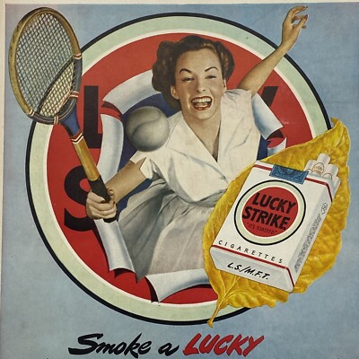 1949 Lucky Strike Cigarettes Print Ad Joyful Woman Tennis Feel Your Level Best