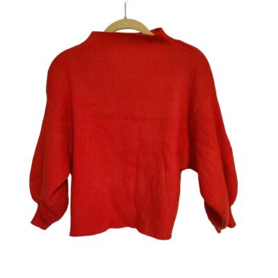 Line and Dot Funnel Neck Balloon Sleeve Solid Red Sweater Size XS