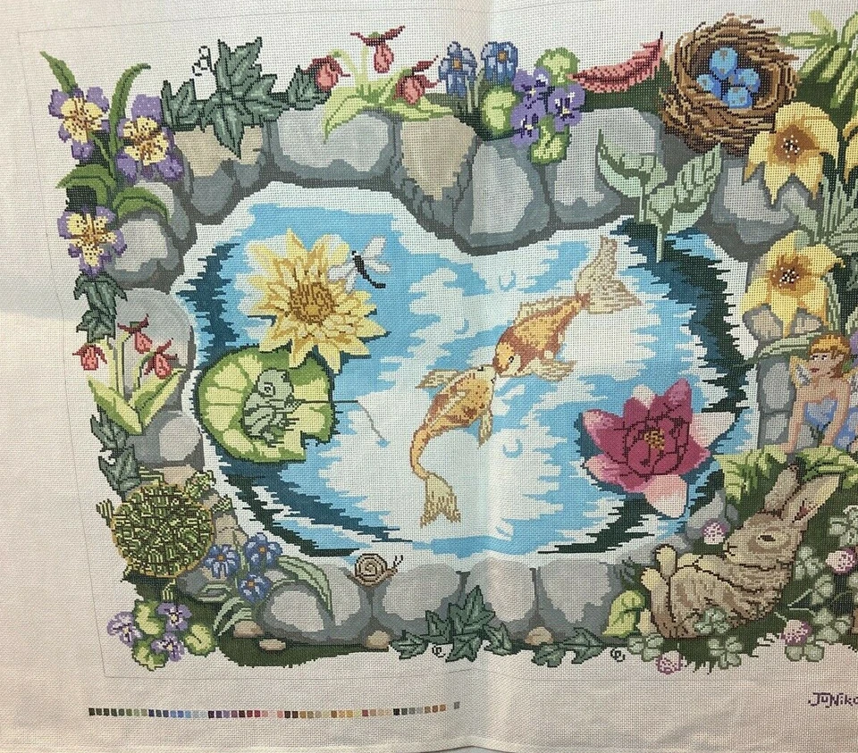 Beautiful JUNIKO Handpainted Needlepoint Canvas 28 1/2” X 41” Fairies bunnies - Image 2 of 4