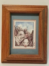 "attention hogs" Art Small Signed Framed Under Glass Artwork 2 Pigs in a Wheat