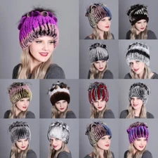 Women Winter Warm Rex Rabbit Fur Fox Fur Hat Outdoor Fluffy Knitted Hat Cap