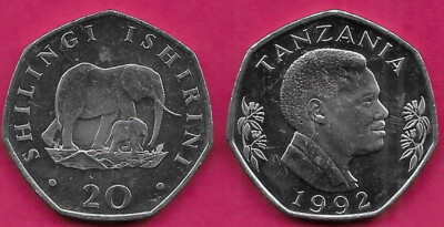 TANZANIA 20 SHILINGI 1992 UNC 1 YEAR TYPE,ELEPHANT WITH CALF