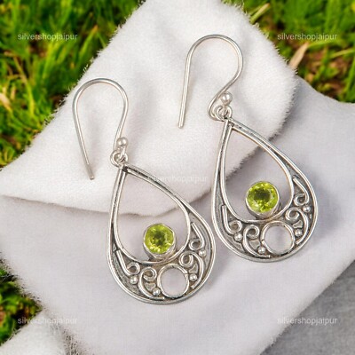 Easter Sale Peridot Gemstone Elegant Drop Dangle Hook Boho Earrings 925 Silver
