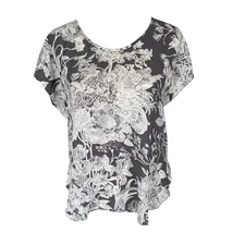 Loft women's XSP oversized gray and white floral short batwing sleeve blouse