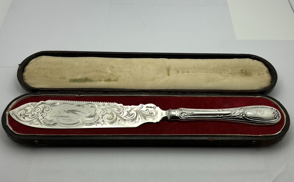 Coin Silver Wedding Cake Knife With Pheasant Albert Coles In Box 1850's