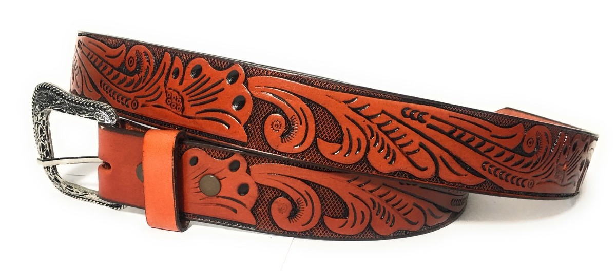 Genuine Leather Belt with Floral Embossed Design Slim Fit Casual Artisan Handcrafted Western Floral Embossed Leather Belt  main image 3