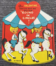 Vintage Valentine Card Circus Carousel Going Round In Circles Made in USA