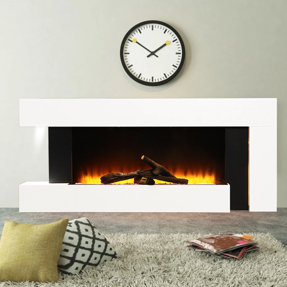 52u0026#039;u0026#039; LED Electric Fireplace Wall Mounted Stand Fire Flame Heater  White Surround | eBay