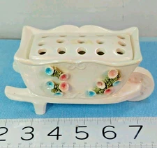 Vintage White Floral Wheelbarrow Removable Flower Frog 15 Slots For Cuttings 