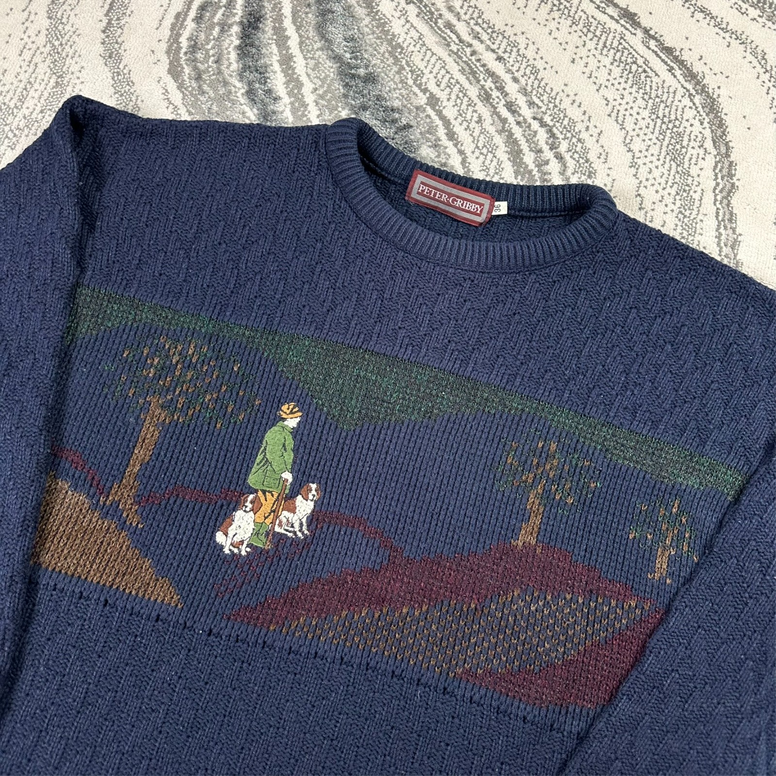 Vintage Peter Gribby Navy Country Dogs Scene Size Small Wool Blend Knit Jumper image 2