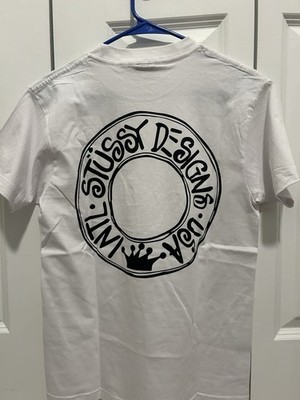 Stussy Men's White Graphic Logo Print Crew Neck Cotton Knit Tee Size S