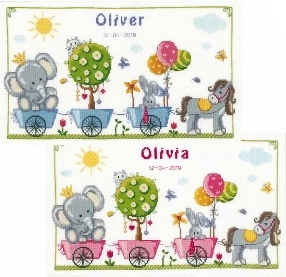 Vervaco CUTE ANIMAL PARADE BOY or GIRL BIRTH RECORD COUNTED CROSS STITCH KIT NIP - Image 2 of 4