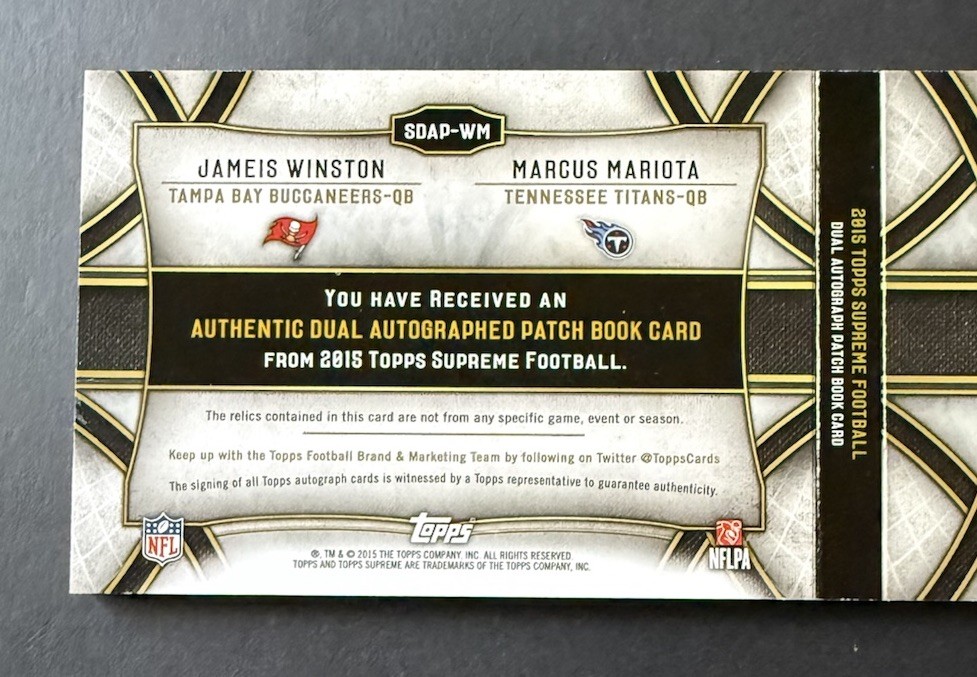 2015 Topps Supreme Auto Patch Book Card Jameis Winston And Marcus Mariota 3/15 view 5