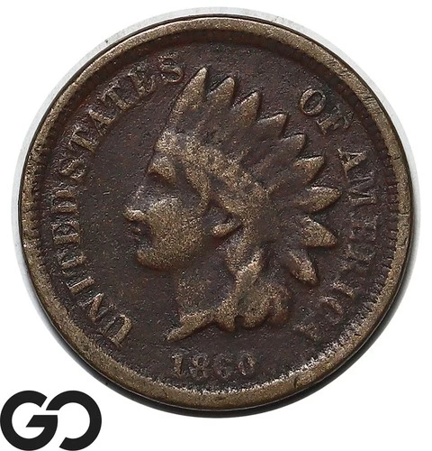 1860 Indian Head Cent Penny, Pointed Bust, Tough Variety