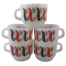 Termocrisa Stackable Milk Glass Mugs Set of 5 Green Orange Pea Pod 6oz VTG 1970