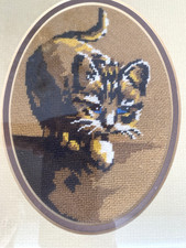 Vintage Needlepoint Kitten Framed Wall Art Matted 11" x 9"