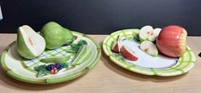 Bella Casa by Gantz Pear& apple 3D Ceramic Wall Plate Green Bamboo Edge set of 2