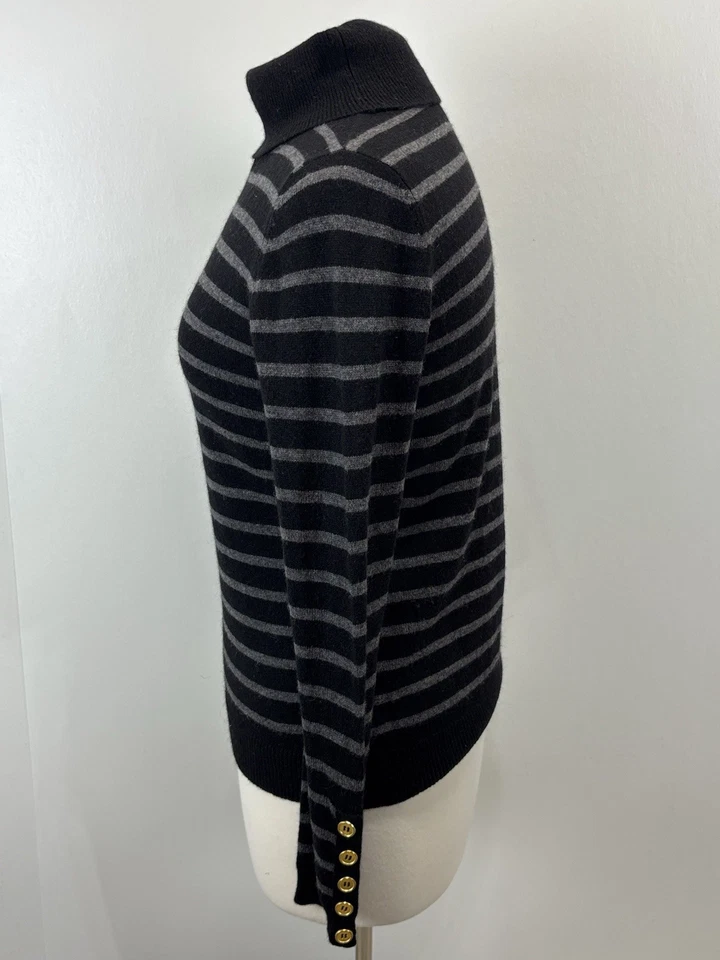 Peck & Peck 100% Cashmere Turtleneck Sweater Sz Medium Women’s Black Grey Stripe - Image 2 of 4