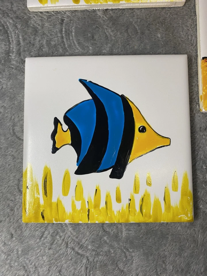 Vintage handbemaltes Keramikfliesen Set - Tropische Fische & Seepferdchen - 5er Set - Bild 2 von 4