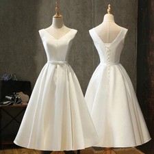 Elegant Wedding Dresses with Bow Off Shoulder Tea Length Satin Bridal Gowns