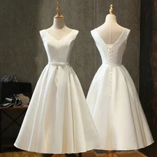 Elegant Wedding Dresses with Bow Off Shoulder Tea Length Satin Bridal Gowns