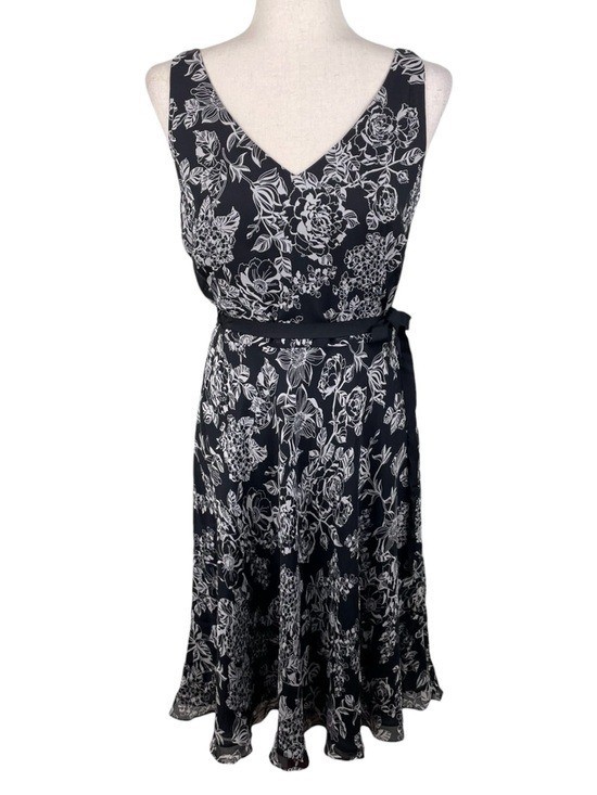 Vintage 90s Y2K LOFT Silk Midi Dress Size 4 Black White Floral Whimsigoth Fairy