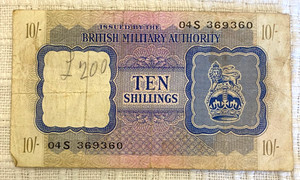 Circa 1943 Circulated BRITISH MILITARY AUTHORITY 10 shillings note Italy/Sicily