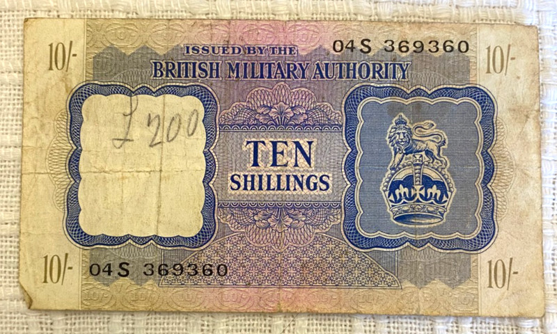 Circa 1943 Circulated BRITISH MILITARY AUTHORITY 10 shillings note Italy/Sicily