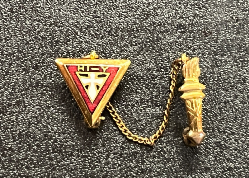 YMCA Hi Y Lapel Pin Official Triangle Gold Tone Red Enamel  with Torch Vintage