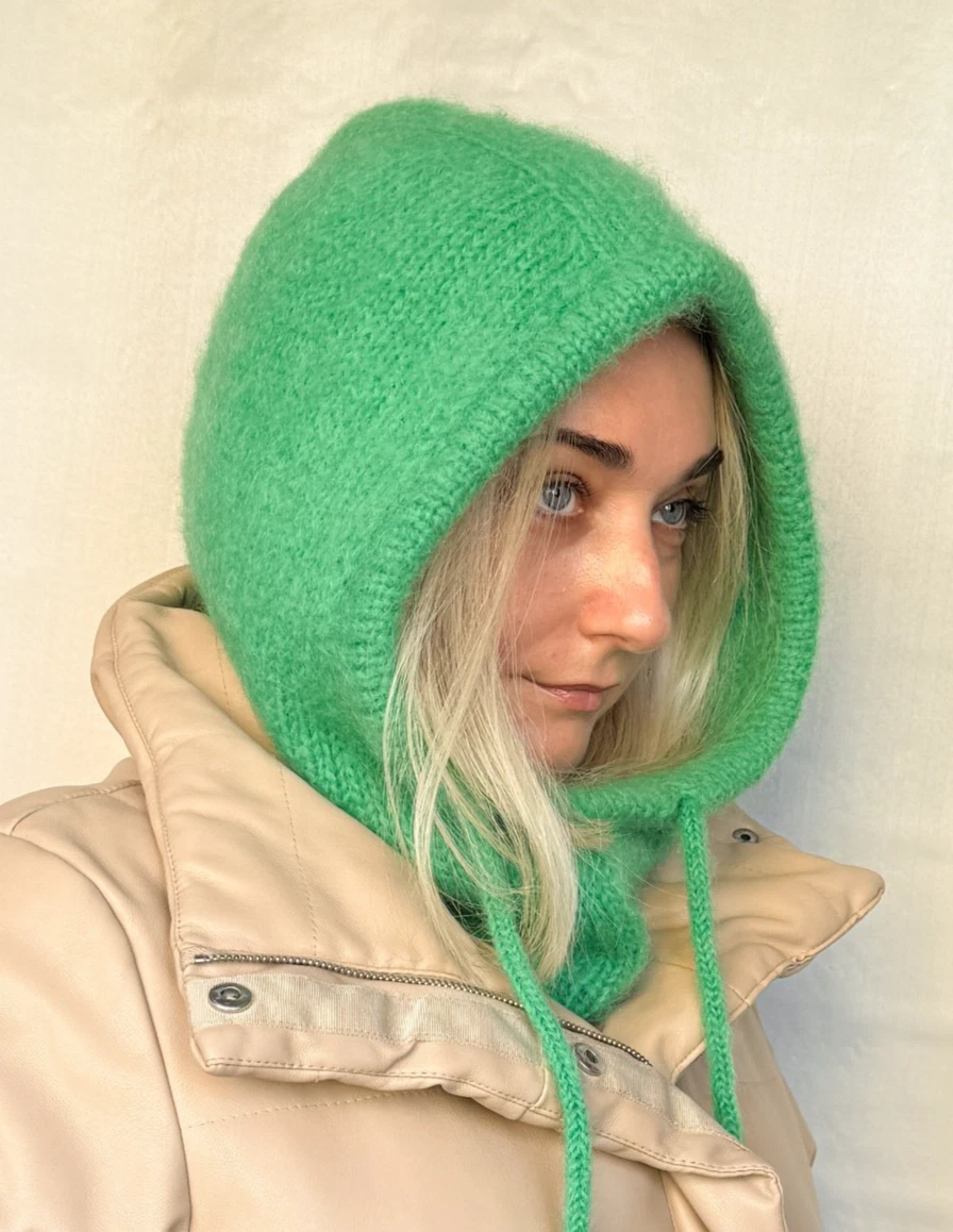 US Stock Green Knitted Women Alpaca Hood, Cowled hood, Woman Balaclava