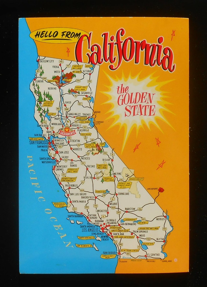 1970s? State Map of California Landmarks Icons The Golden State CA
