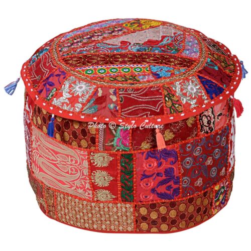 Patchwork Pouf Ottoman Pouffe Poof Round Floor Foot Stool Ethnic Decorative - Picture 1 of 5