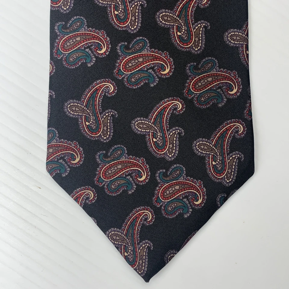ANDHURST Silk Necktie Mens Size 3 7/8" x 58 1/2" Black Red Green Paisley Tie Dad - Image 2 of 4