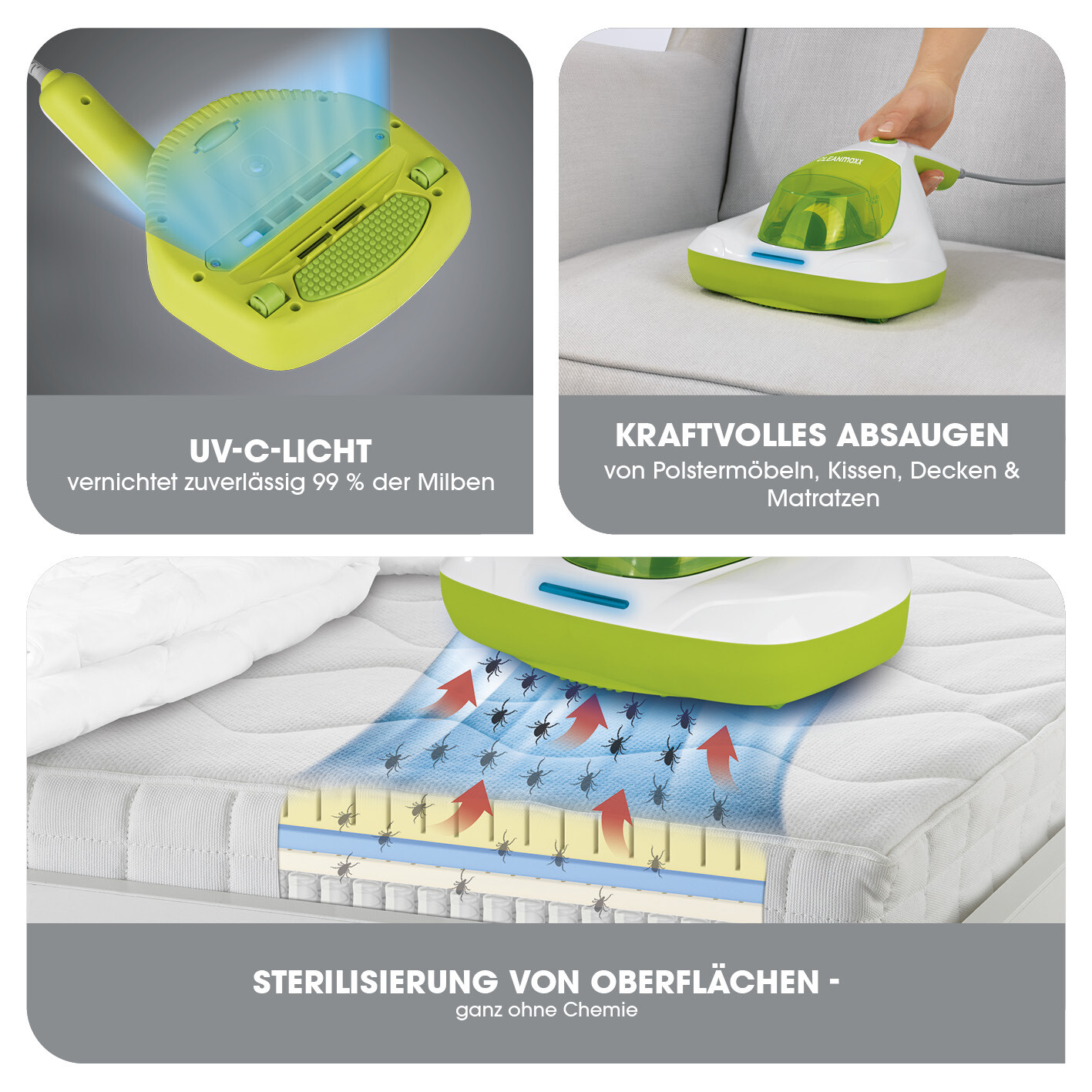 MAXXMEE Mit-handstofzuiger, anti-mijt-stofzuiger met UV-C-licht