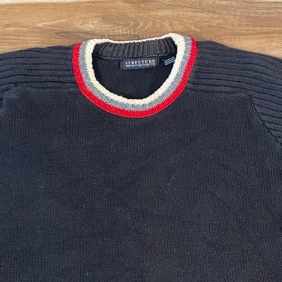Vintage Structure Sweater Mens Large Black Striped Cotton Knit Crewneck USA 90s - Image 2 of 4