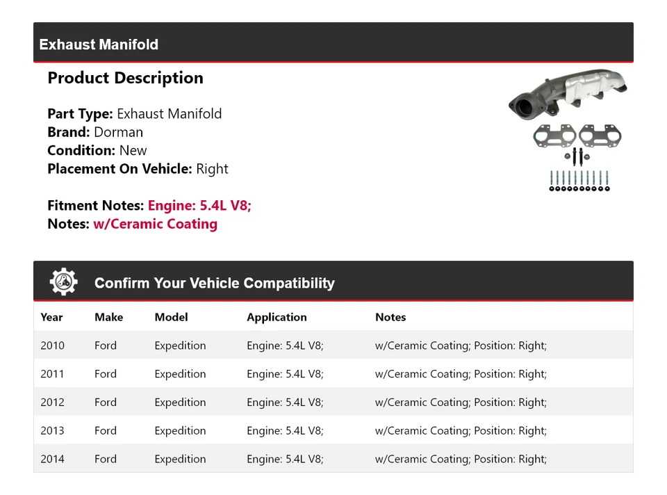 Colector de escape derecho para Ford Expedition 2010-2014 5,4 L V8 Dorman 2011 2012 Foto 2 de 4