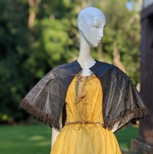 MID 19TH C CIVIL WAR ERA BLACK SILK TAFFETA MOURNING CAPE W FRINGE FOR DRESS