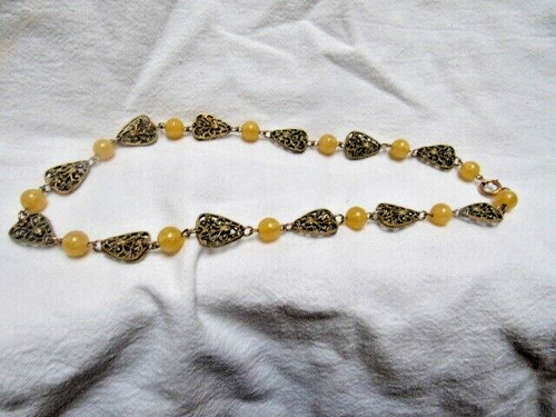 Antique Czech 16” Necklace Yellow Beads Filigree Links