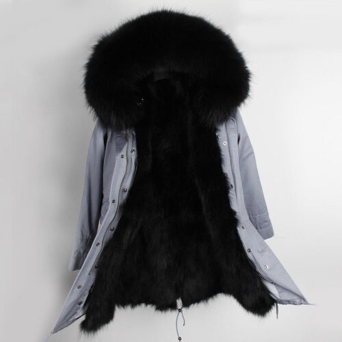 Winter Women's Real Raccoon Fur Coats Collar Long Hooded Parka Overcoat Jackets - Picture 39 of 56