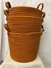 Set of 3 Woven Cloth Leather? Handles Baskets Terra Cotta Color 9" X 7"