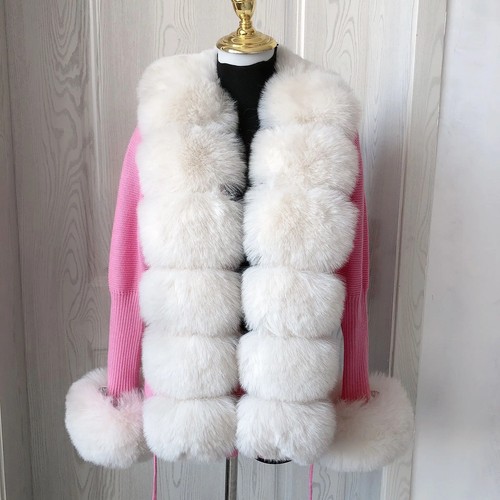 Women's Cropped Sweater Cardigan Faux Fur Knit Sweater Cardigan with Fur Collar - Picture 25 of 36
