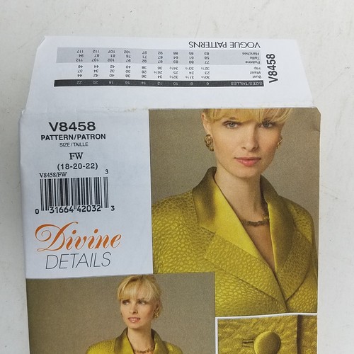 Vogue Patterns Divine Details Blazer Jacket Sewing Pattern V8458 Womens 18 20 22 - Picture 3 of 4