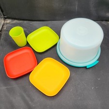 Tupperware Play Set Party Kids Mini Cake Taker Tumbler Square Plates 6 Pieces
