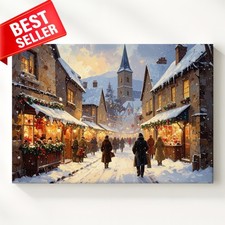 Street Winter Twilight Canvas Snowy Scene Warm Lights Charming Wall Art