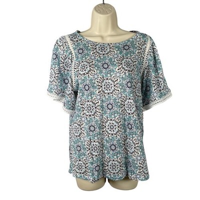 Loft Top Womens Small Turquoise Medallion 100% Linen Cut Out Flutter Sleeve