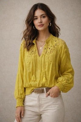 Anthropologie Moira Shirt Peasant Blouse in Chartreuse Yellow Size 6 Lace Boho