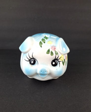 Vintage Japan Ceramic Anamorphic Piggy Coin Bank Blue Pink Ribbon Floral