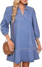 V-Neck Denim Dress, 3/4 Sleeve Ruffle Loose Denim Dress A Line Flowy -M