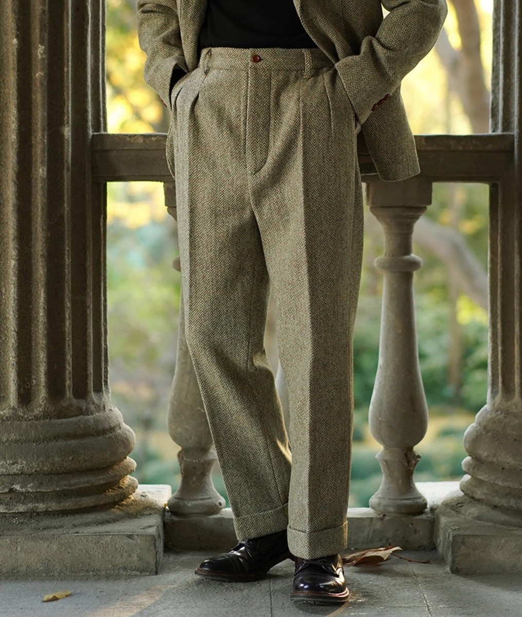 スーツ AGE OLD Classic 2Tuck Trousres 30s Style 1930s Tweed Casual Suit Beige Trousers Size M 32x30 ANNUAL